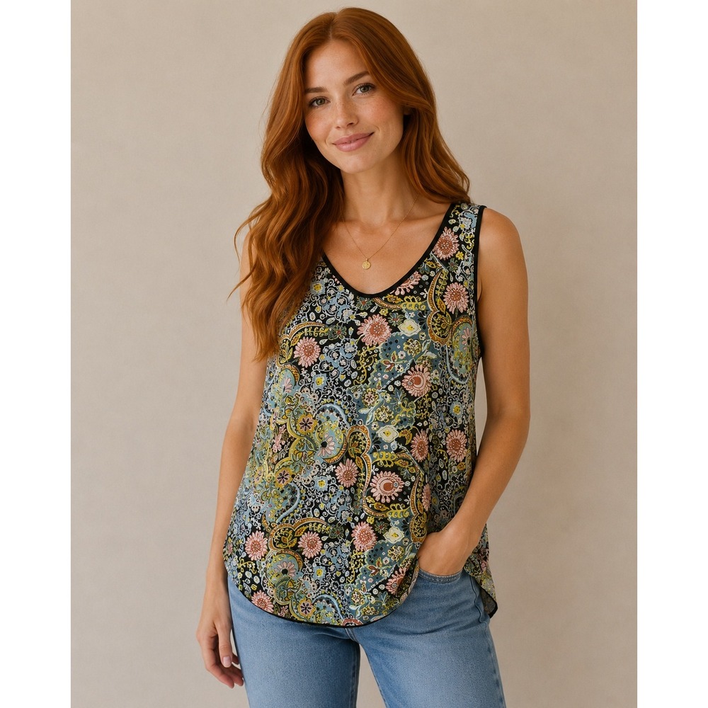 LOFT Boho Paisley Floral Tank Top Womens Sleeveless Relaxed Fit Boutique Blouse